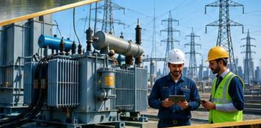 Manar Engineering engineers inspecting a distribution transformer on site